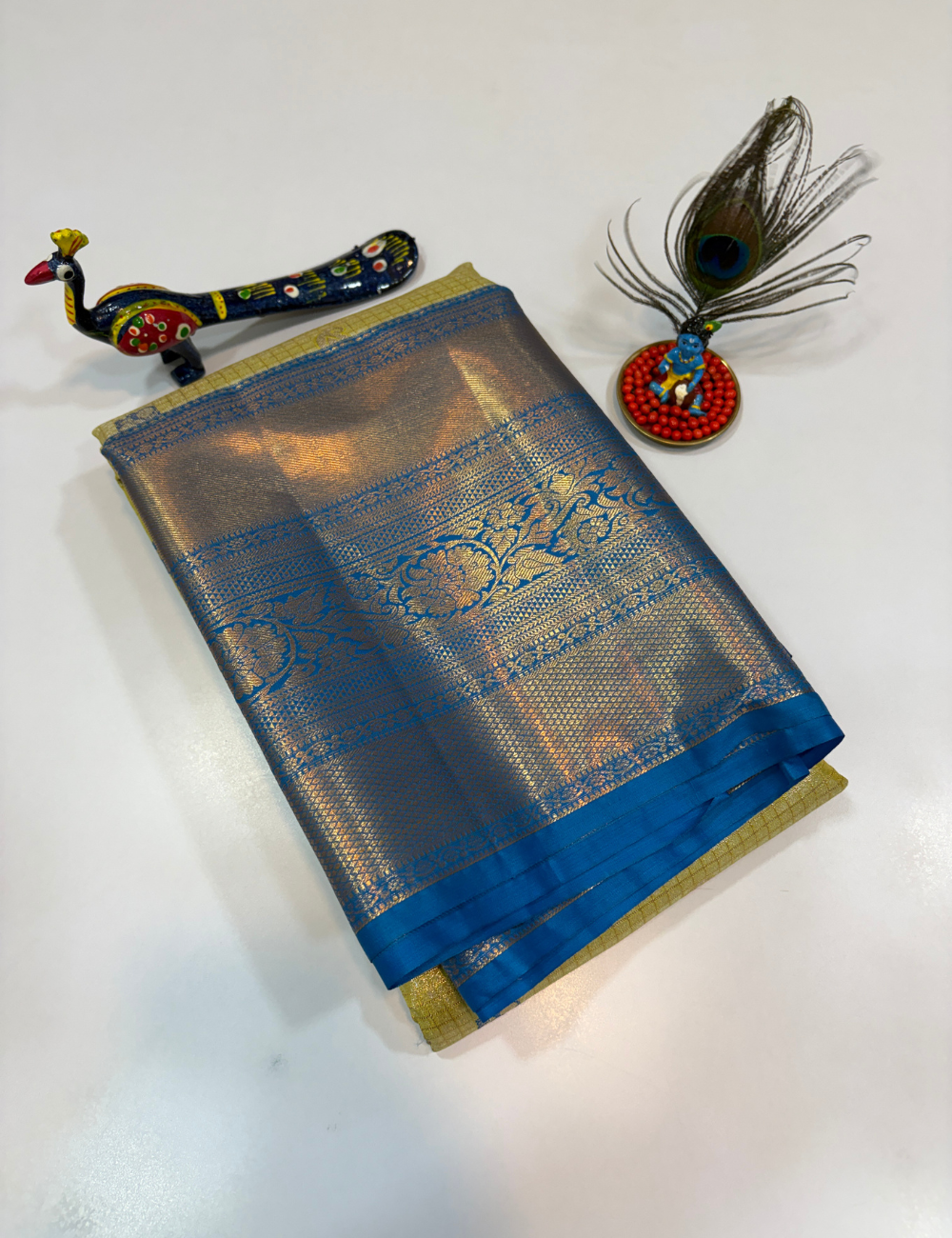 Semi Bridal Semi Silk Saree in Lemon Green with Sea Blue Korvai Border | Full Brocade Weaving | Aadithya Handlooms