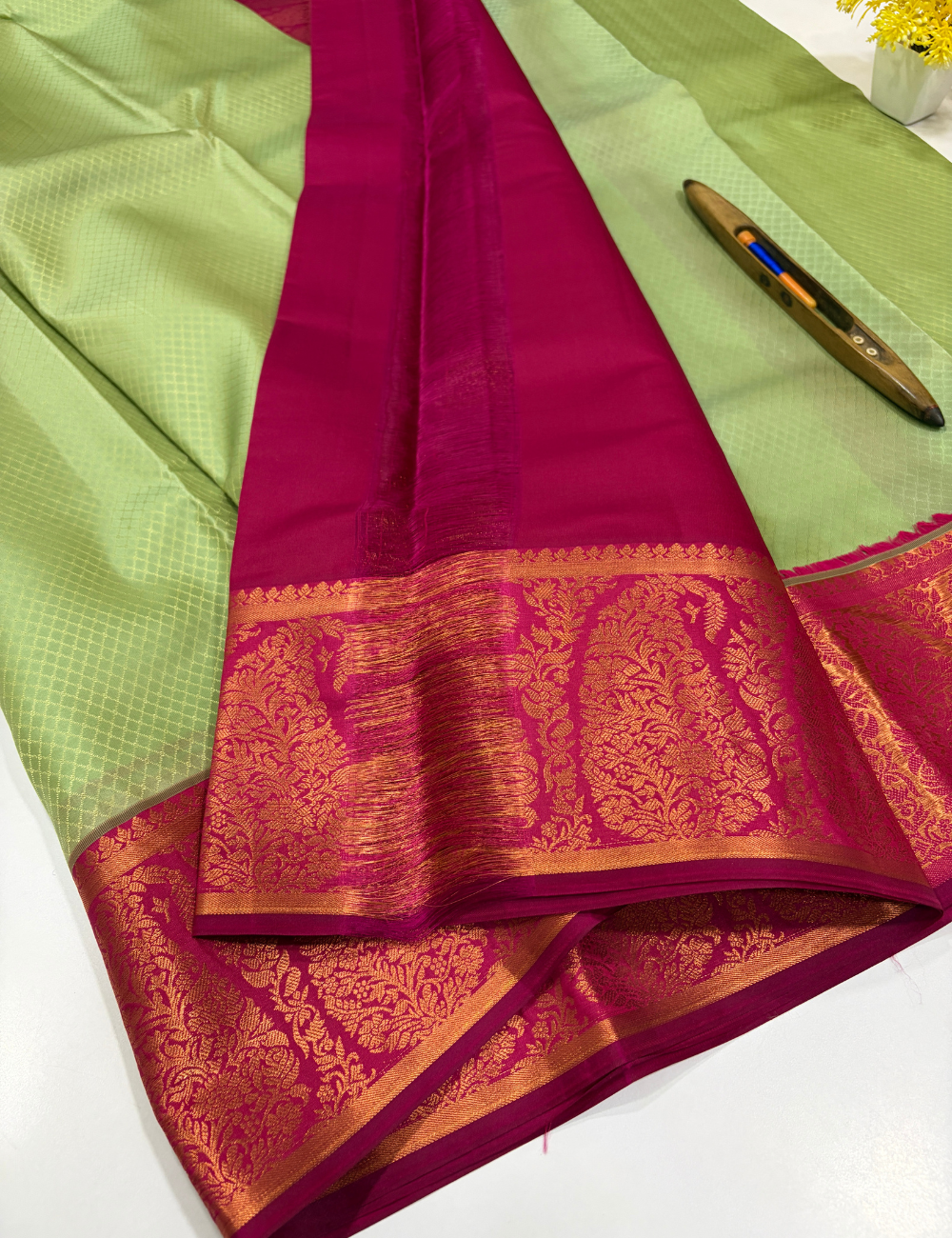 Elachi Green 50% Pure Mix Kanchi Silk Saree with Fancy Kanchi Border | Rani Pink Pallu & Blouse