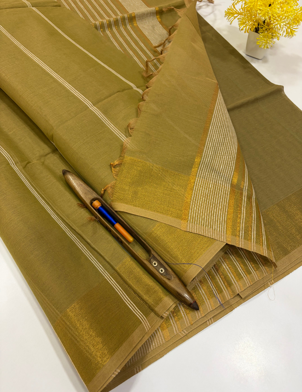 Olive Mustard Pure Cotton Saree with Rich Gold Jari Border