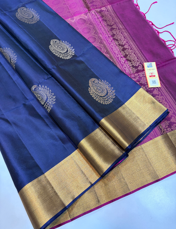 Navy Blue Pure Softsilk Handloom Saree with Golden Zari Border & Beetroot Pink Contrast Pallu