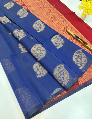 Royal Blue Semi Silk Cotton Saree with Maroon Pallu & Blouse | Borderless Design