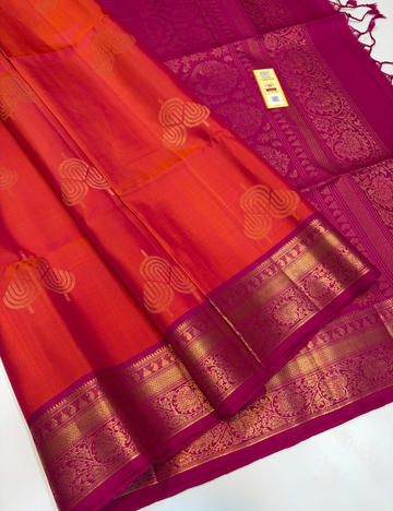 Dual Tone Vermilion Orange & Rani Pink Kanchi Border Handloom Pure Softsilk Saree