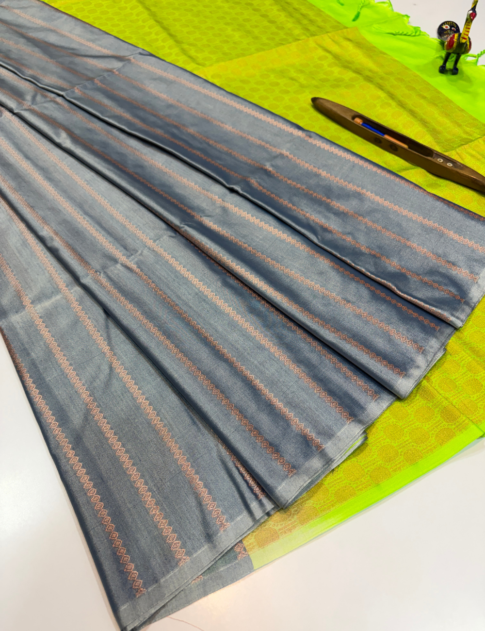 Royal Soft Cotton Handloom Saree – Steel Blue with Neon Lime Green Pallu & Blouse