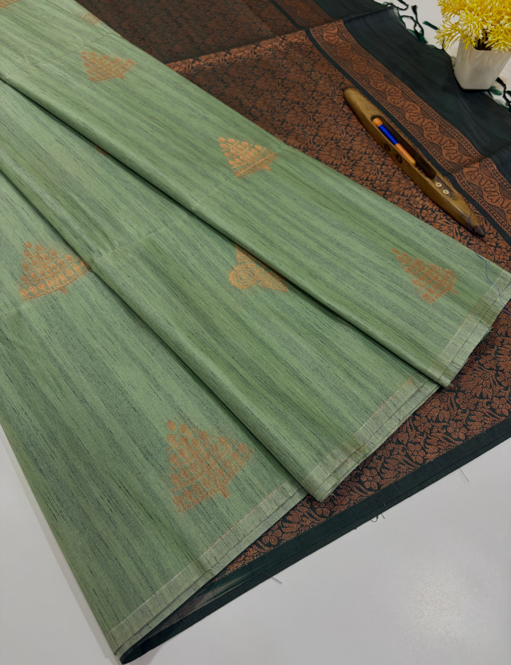 Muted Sage Green Soft Silk Saree with Bottle Green Pallu | Elegant Festive & Traditional Wear