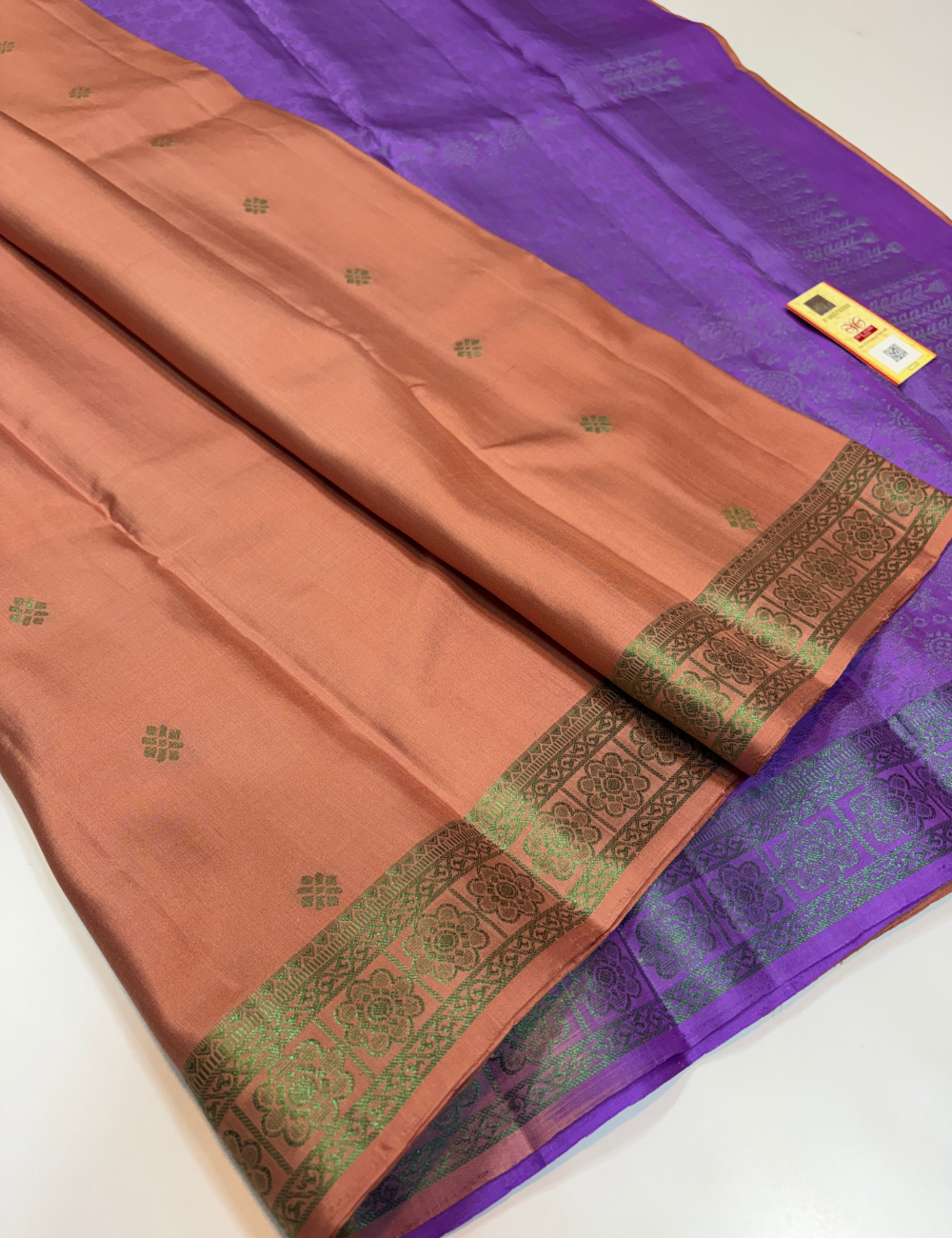 Peach Brown Handloom Pure Soft Silk Saree with Silk Mark | Violet Contrast Kanchi Border with Zari Buttas