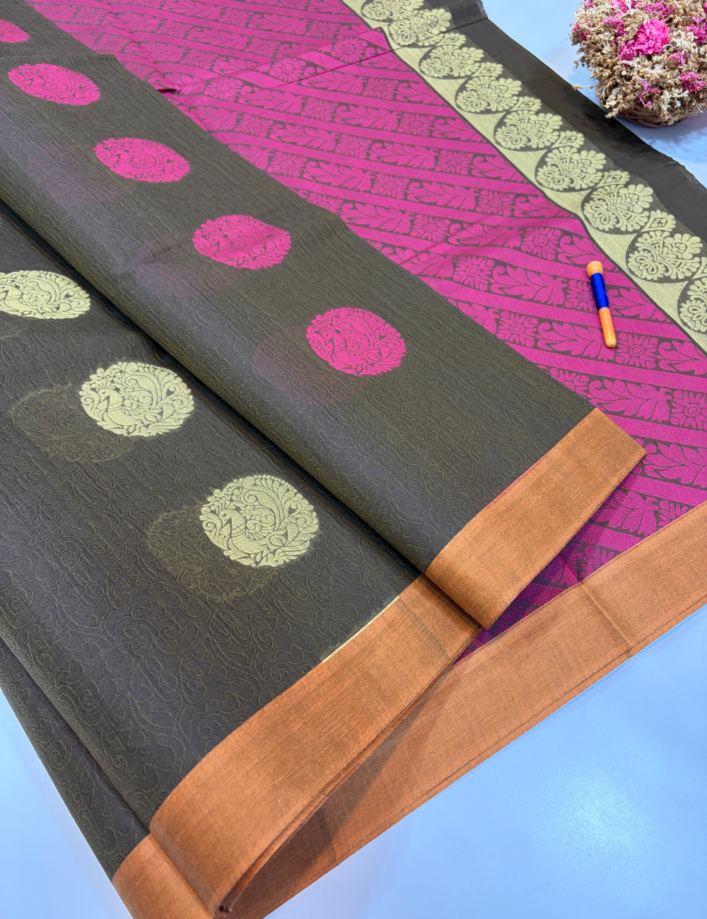Negamam 80s Count Pure Cotton Saree in Brown with Contrast Border | Without Jari | Self Colour Pallu | Plain Blouse