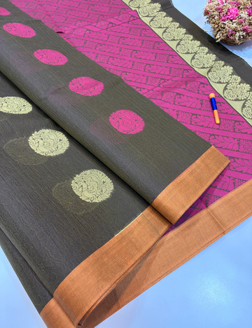 Negamam 80s Count Pure Cotton Saree in Brown with Contrast Border | Without Jari | Self Colour Pallu | Plain Blouse