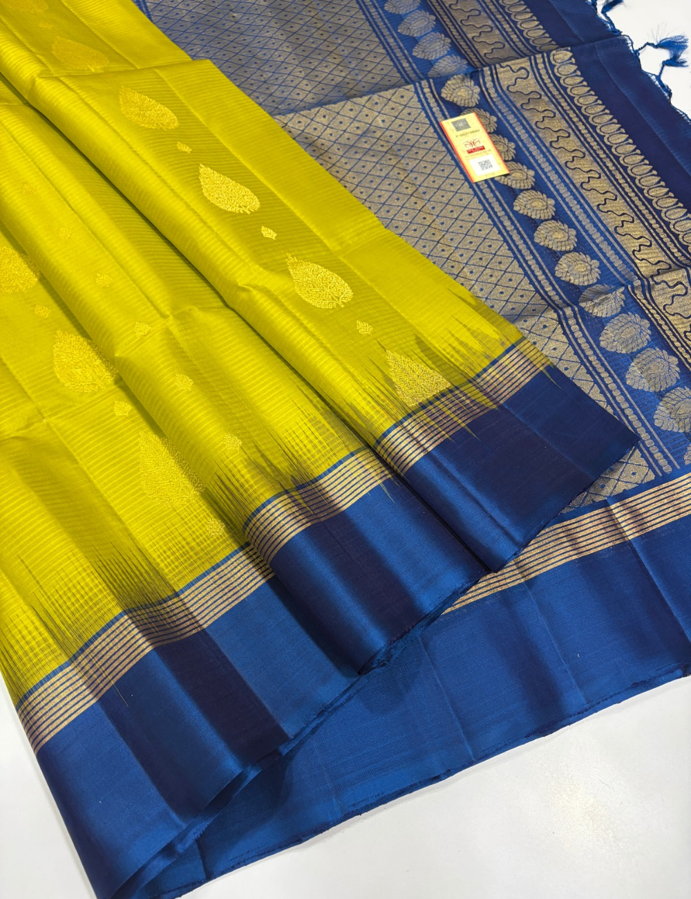 Radium Green Handloom Pure Soft Silk Saree with Royal Blue Tie and Dye Contrast Border & Gold Zari Buttas | Silk Mark Certified