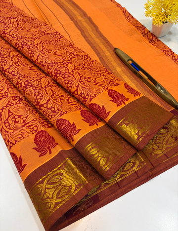 Mustard Orange Pure Cotton Saree with Contrast Border & Running Blouse