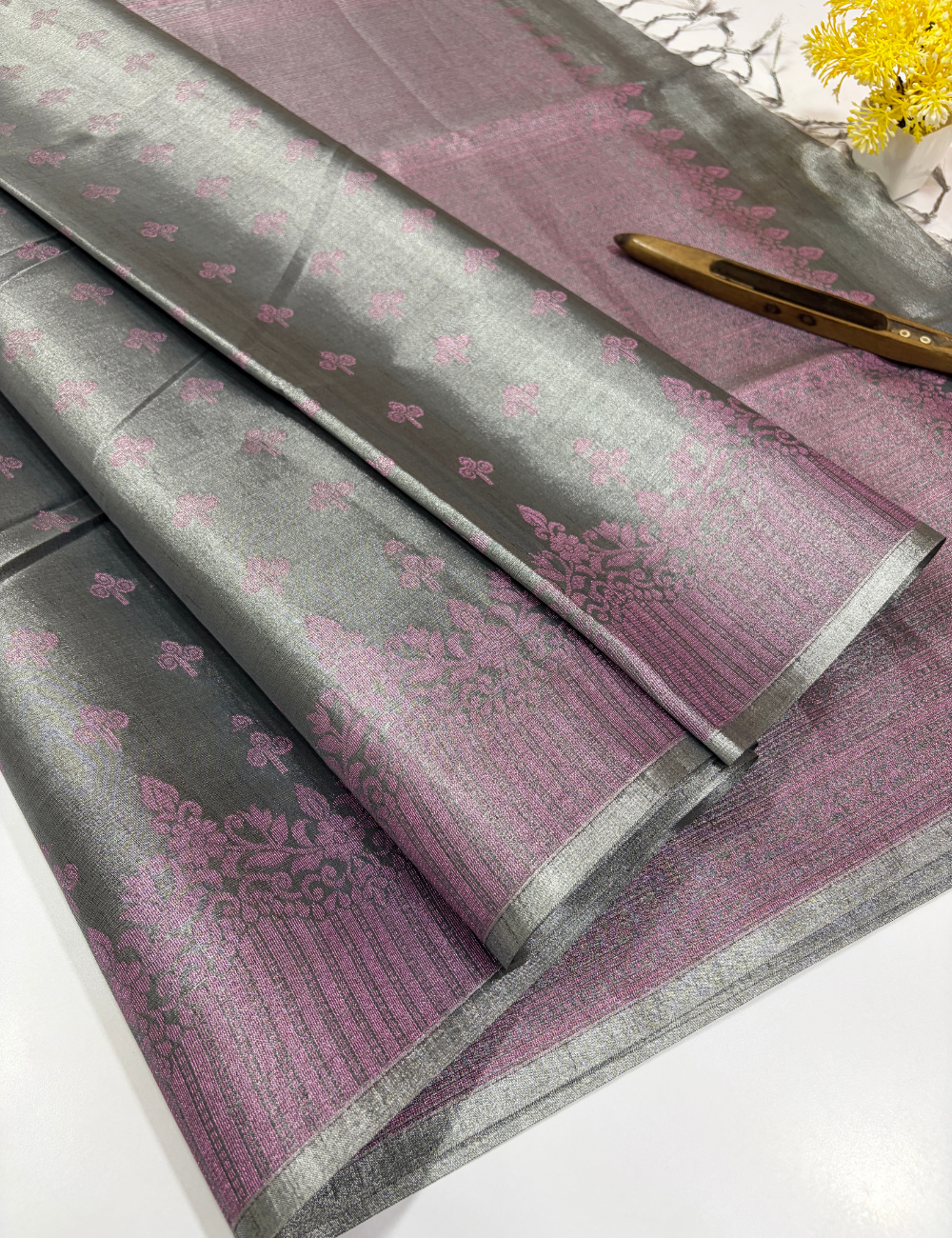 Tissue Semi Silk Saree in Silver Grey with Rose Pink