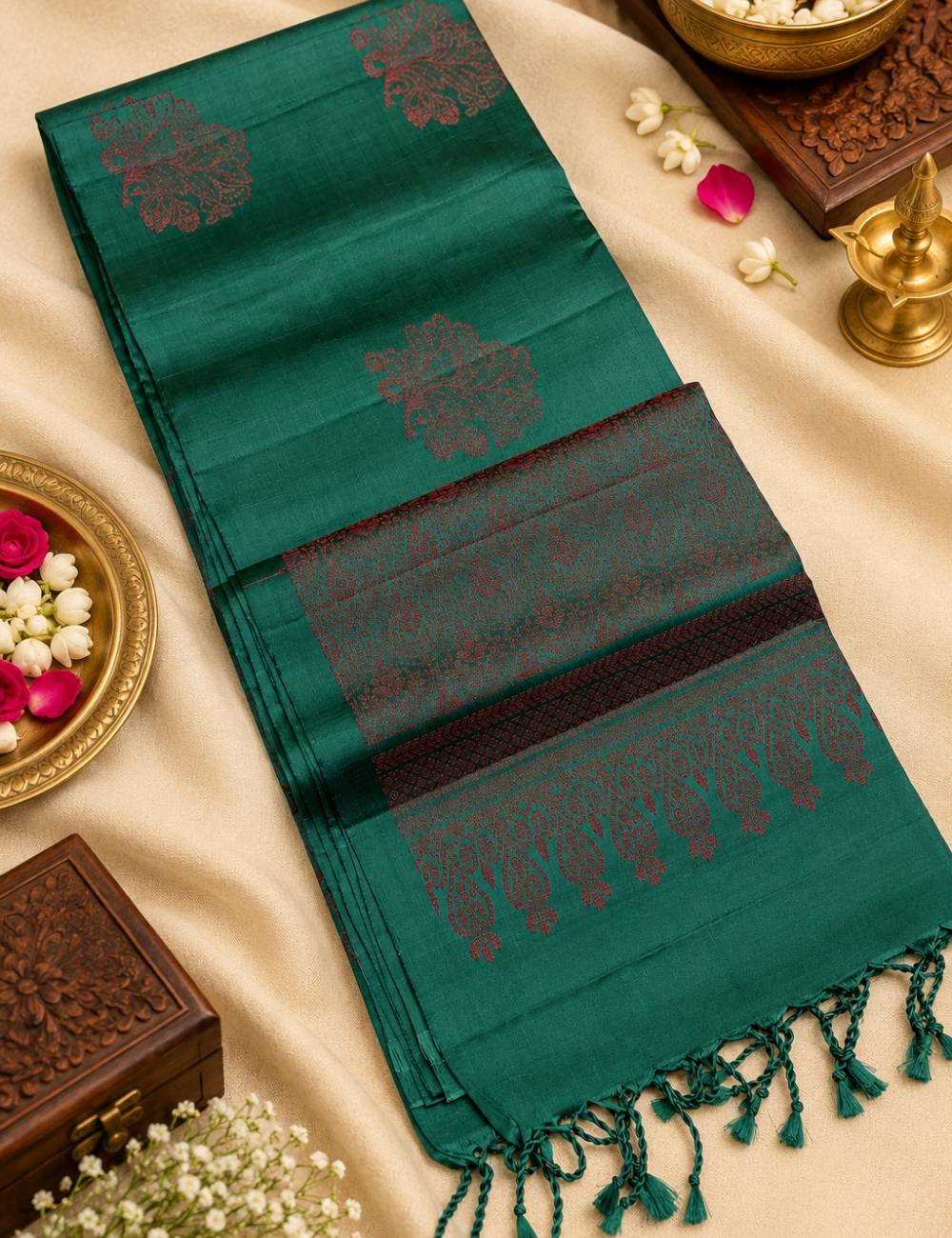 Deep Teal Green Borderless Neam Jari Pure Softsilk Saree