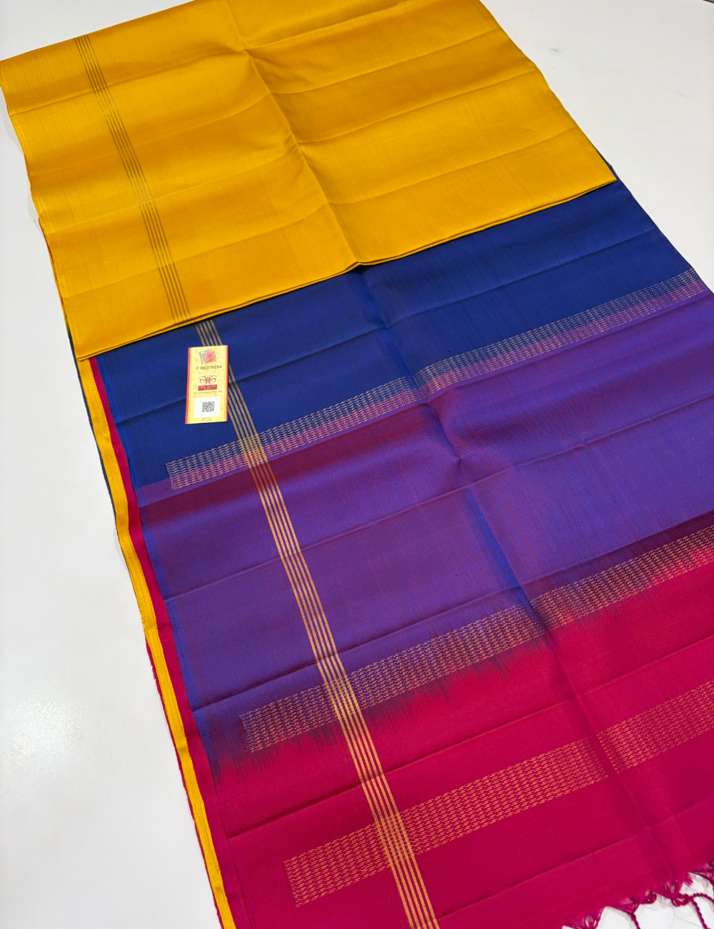 Mubbagam Pallu Handloom Pure Soft Silk Saree with Silk Mark | Golden Yellow Body with Royal Blue, Purple & Magenta Pallu and Pink Pallu Blouse