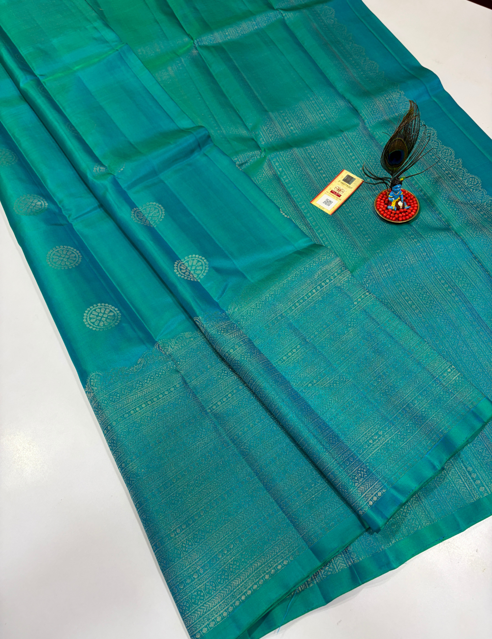 Handloom Pure Soft Silk Saree in Aqua Teal with Self Colour Turning Border | Double Warp | Fancy Zari Buttas | Silk Mark Certified