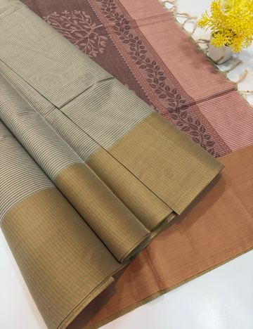 Grey Negamam Handloom Pure Cotton Saree with Micro Check Body & Mauve Pink Pallu and Blouse | 100-Count Cotton