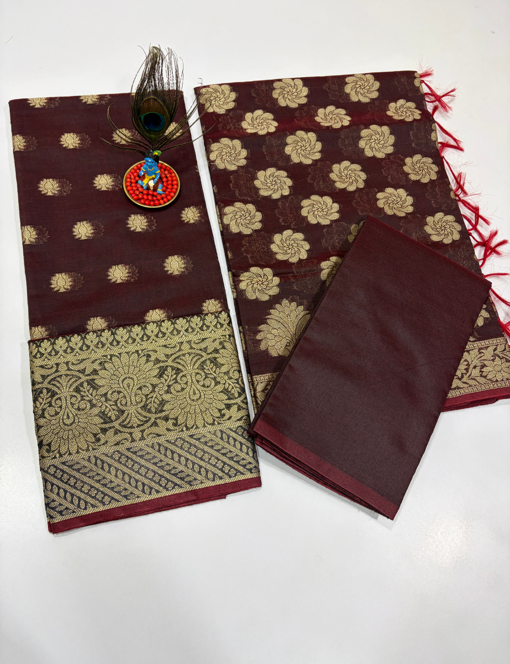 Coffee Brown Handloom Silk Cotton 3 Pc Salwar Set with Self Weave Floral Jacquard | Monotone Elegant Dress Material
