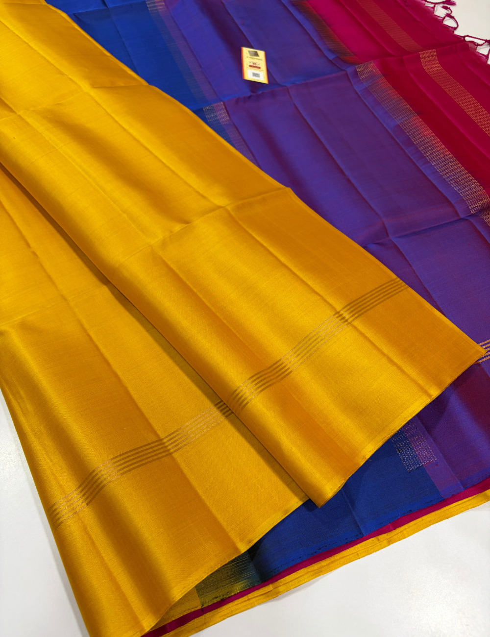 Mubbagam Pallu Handloom Pure Soft Silk Saree with Silk Mark | Golden Yellow Body with Royal Blue, Purple & Magenta Pallu and Pink Pallu Blouse
