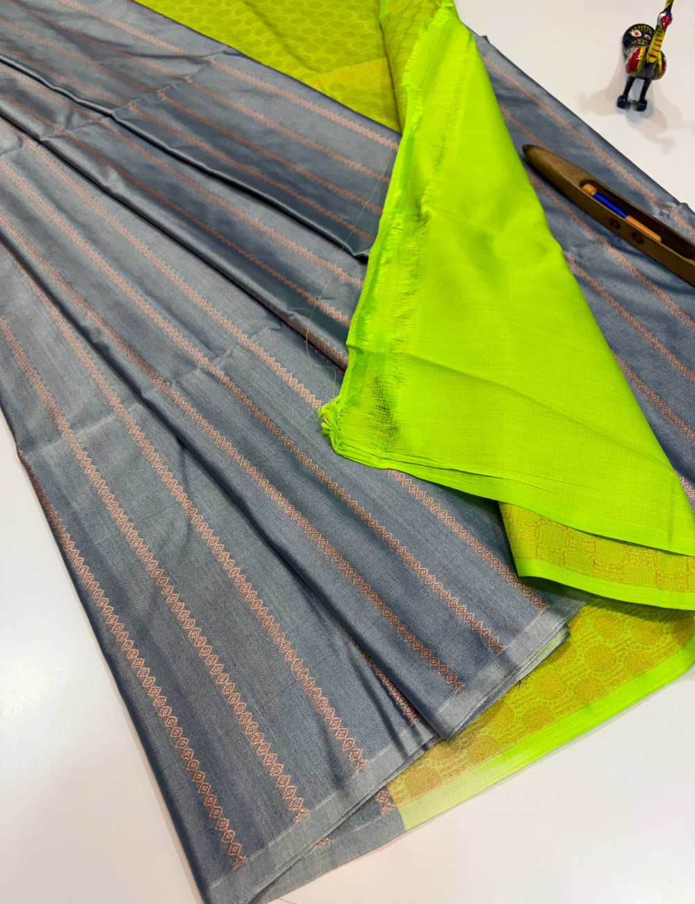 Royal Soft Cotton Handloom Saree – Steel Blue with Neon Lime Green Pallu & Blouse
