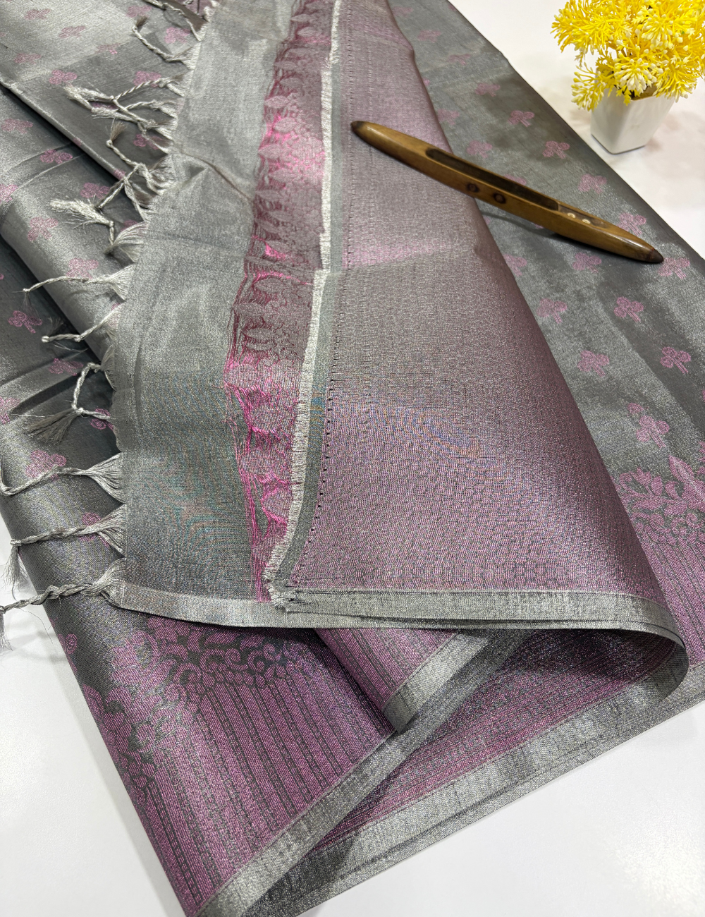 Tissue Semi Silk Saree in Silver Grey with Rose Pink