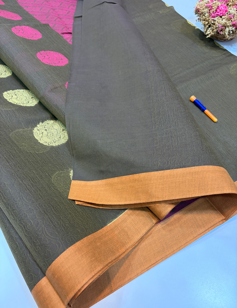 Negamam 80s Count Pure Cotton Saree in Brown with Contrast Border | Without Jari | Self Colour Pallu | Plain Blouse