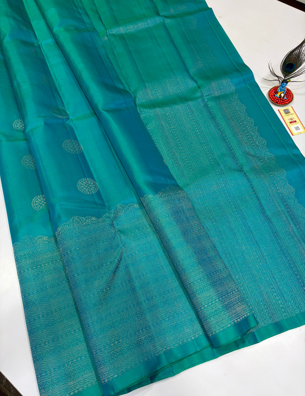 Handloom Pure Soft Silk Saree in Aqua Teal with Self Colour Turning Border | Double Warp | Fancy Zari Buttas | Silk Mark Certified