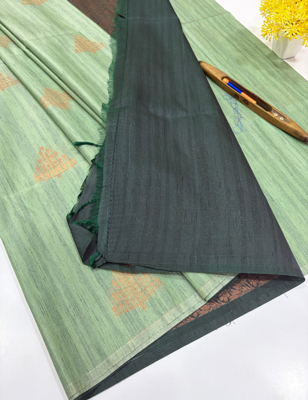 Muted Sage Green Soft Silk Saree with Bottle Green Pallu | Elegant Festive & Traditional Wear