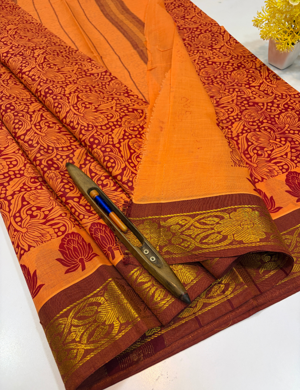 Mustard Orange Pure Cotton Saree with Contrast Border & Running Blouse