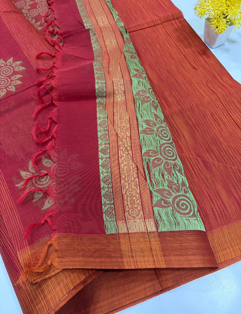 Pure Cotton Pochampally Red-Maroon Thread Putta Saree