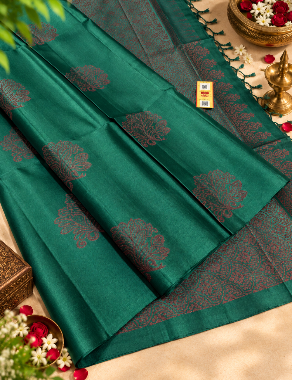 Deep Teal Green Borderless Neam Jari Pure Softsilk Saree