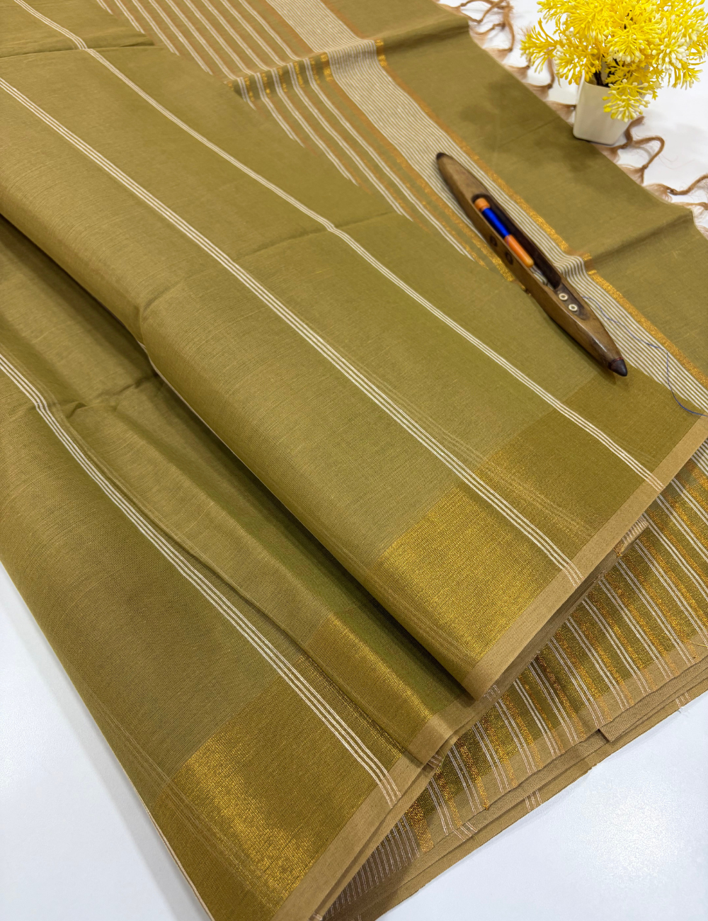 Olive Mustard Pure Cotton Saree with Rich Gold Jari Border