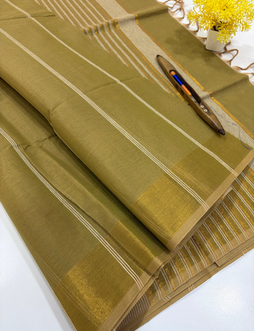 Olive Mustard Pure Cotton Saree with Rich Gold Jari Border