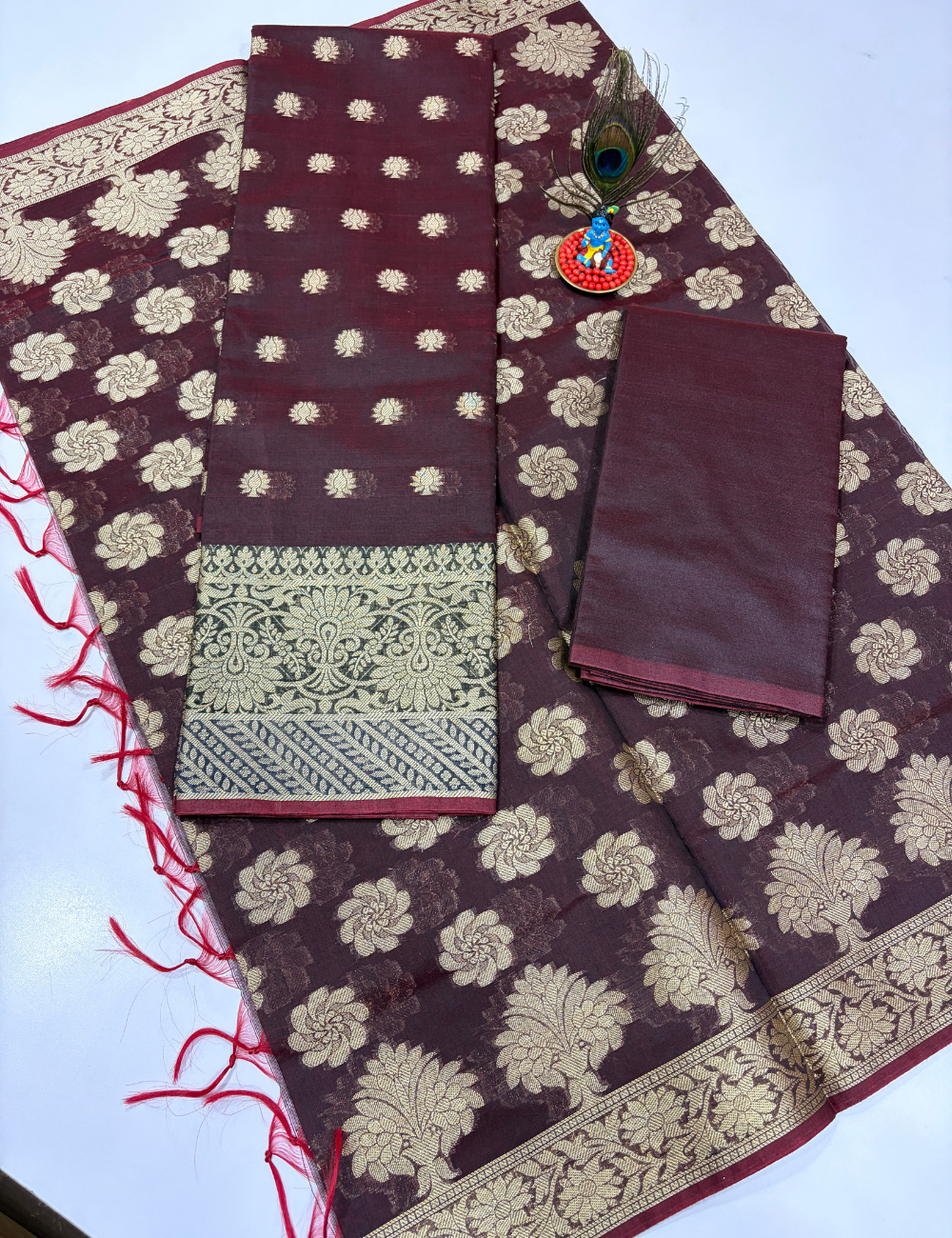 Coffee Brown Handloom Silk Cotton 3 Pc Salwar Set with Self Weave Floral Jacquard | Monotone Elegant Dress Material