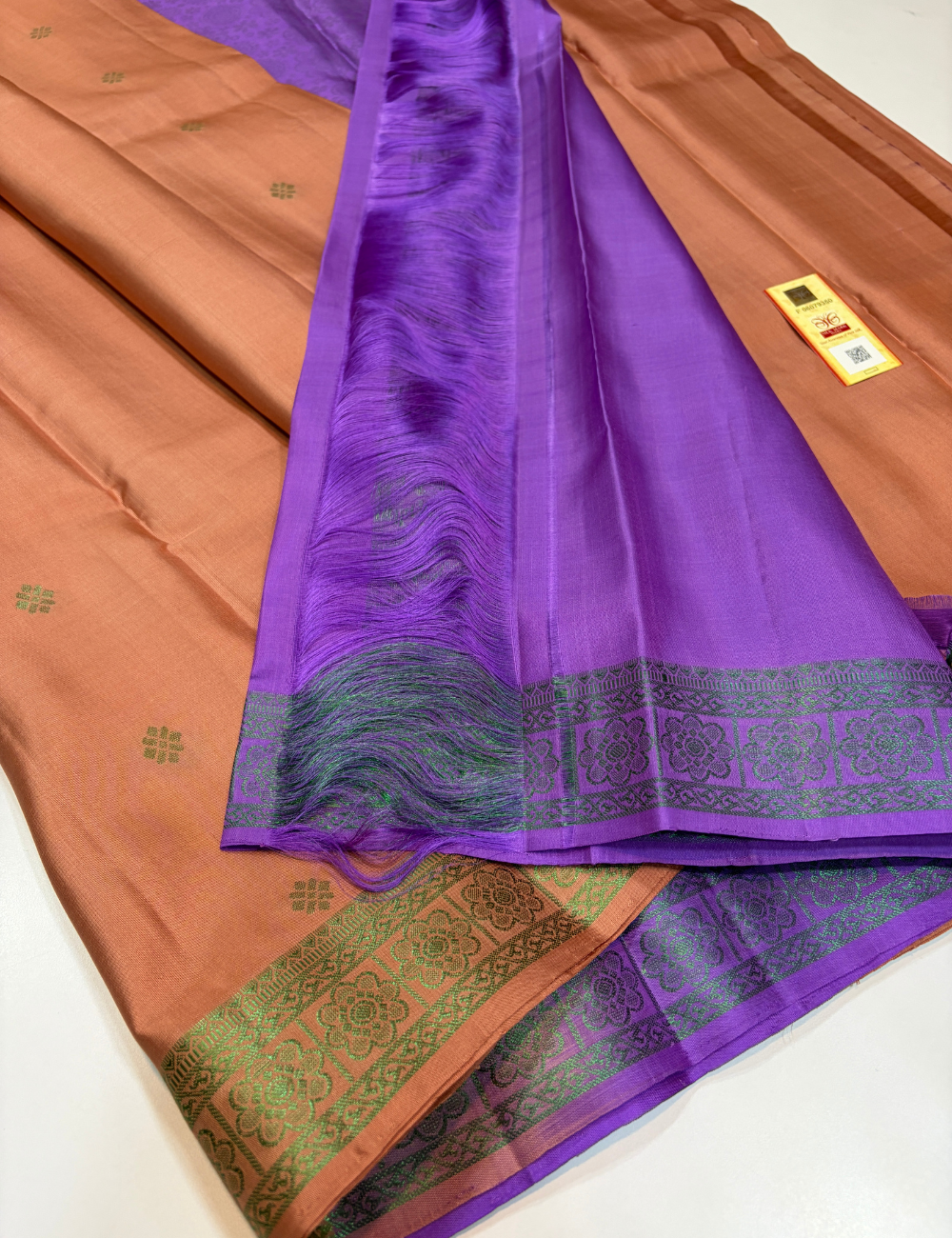 Peach Brown Handloom Pure Soft Silk Saree with Silk Mark | Violet Contrast Kanchi Border with Zari Buttas