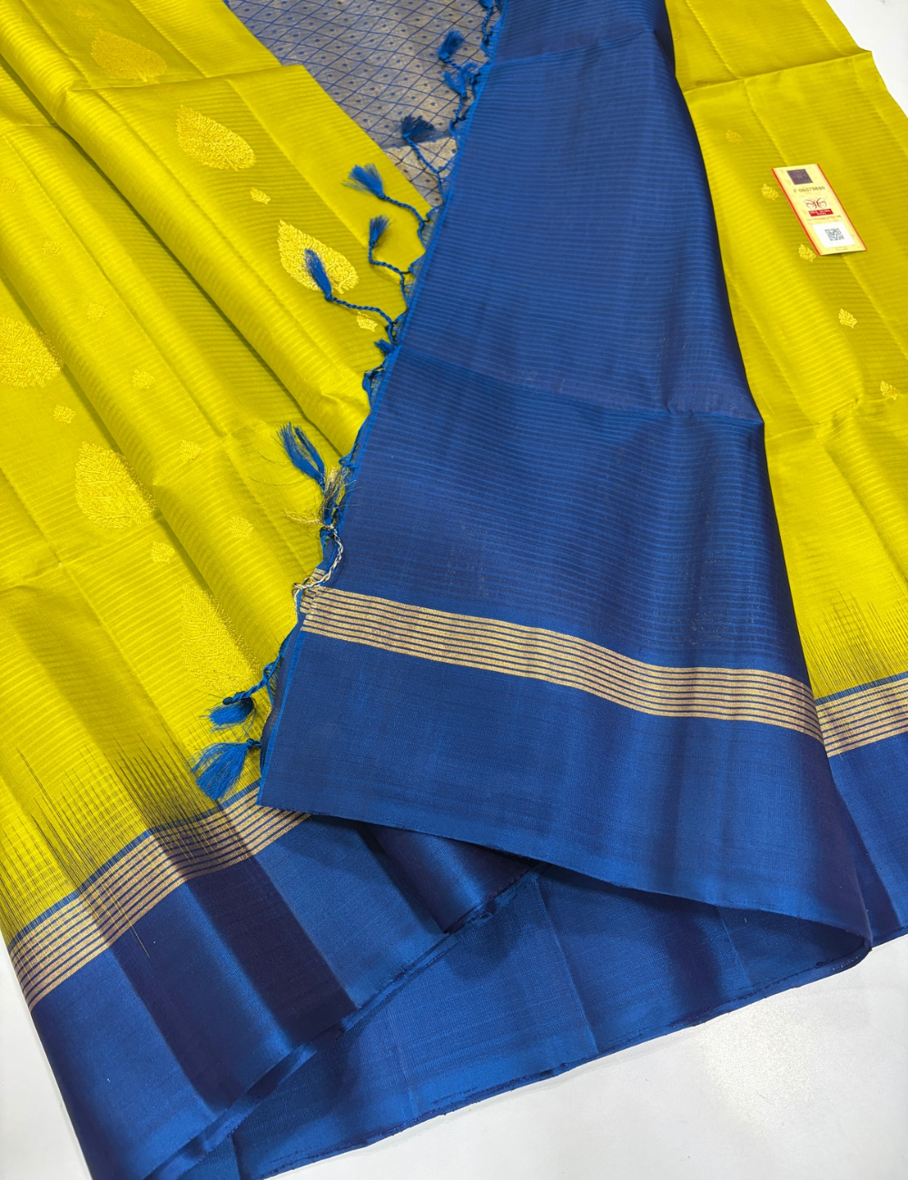 Radium Green Handloom Pure Soft Silk Saree with Royal Blue Tie and Dye Contrast Border & Gold Zari Buttas | Silk Mark Certified