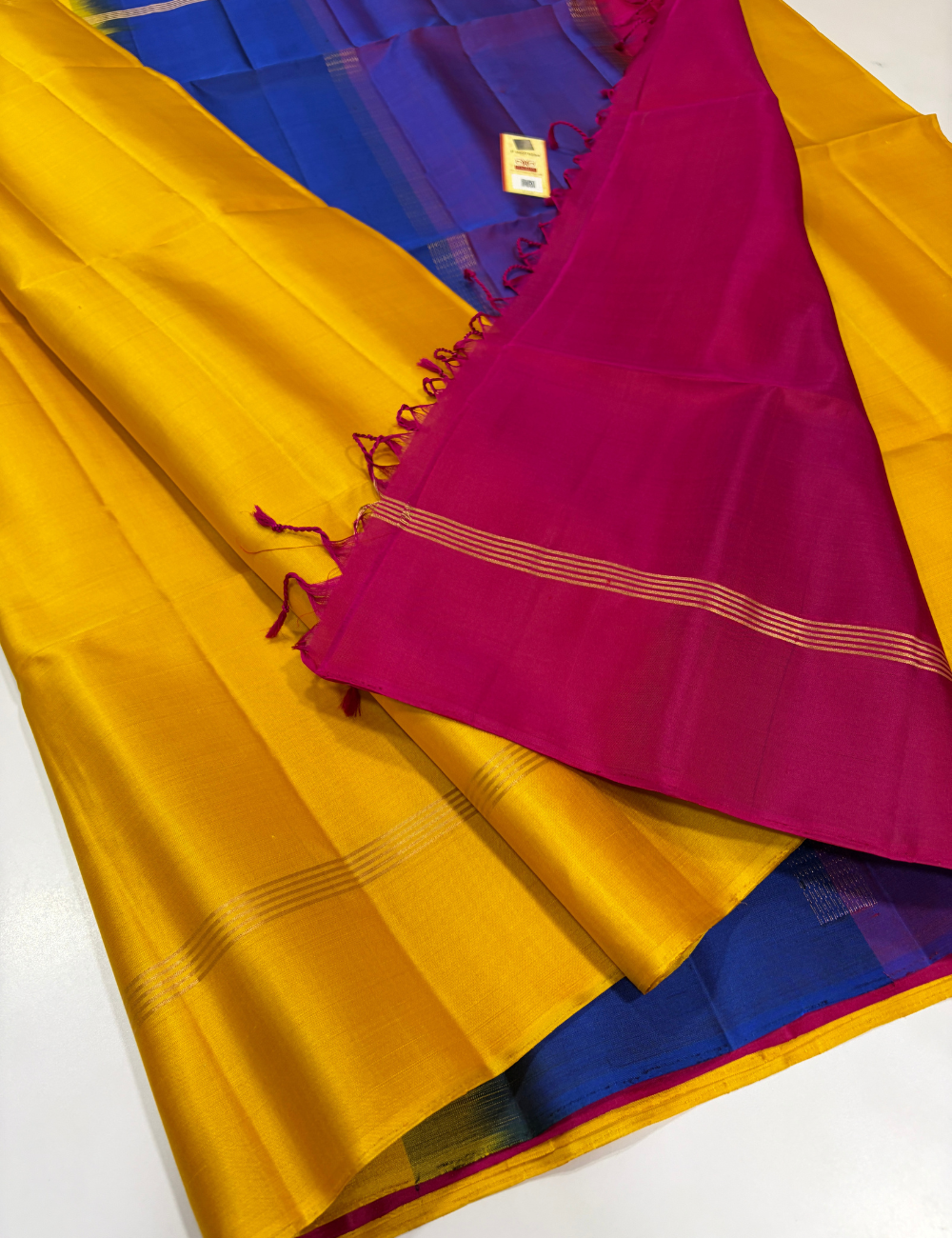 Mubbagam Pallu Handloom Pure Soft Silk Saree with Silk Mark | Golden Yellow Body with Royal Blue, Purple & Magenta Pallu and Pink Pallu Blouse