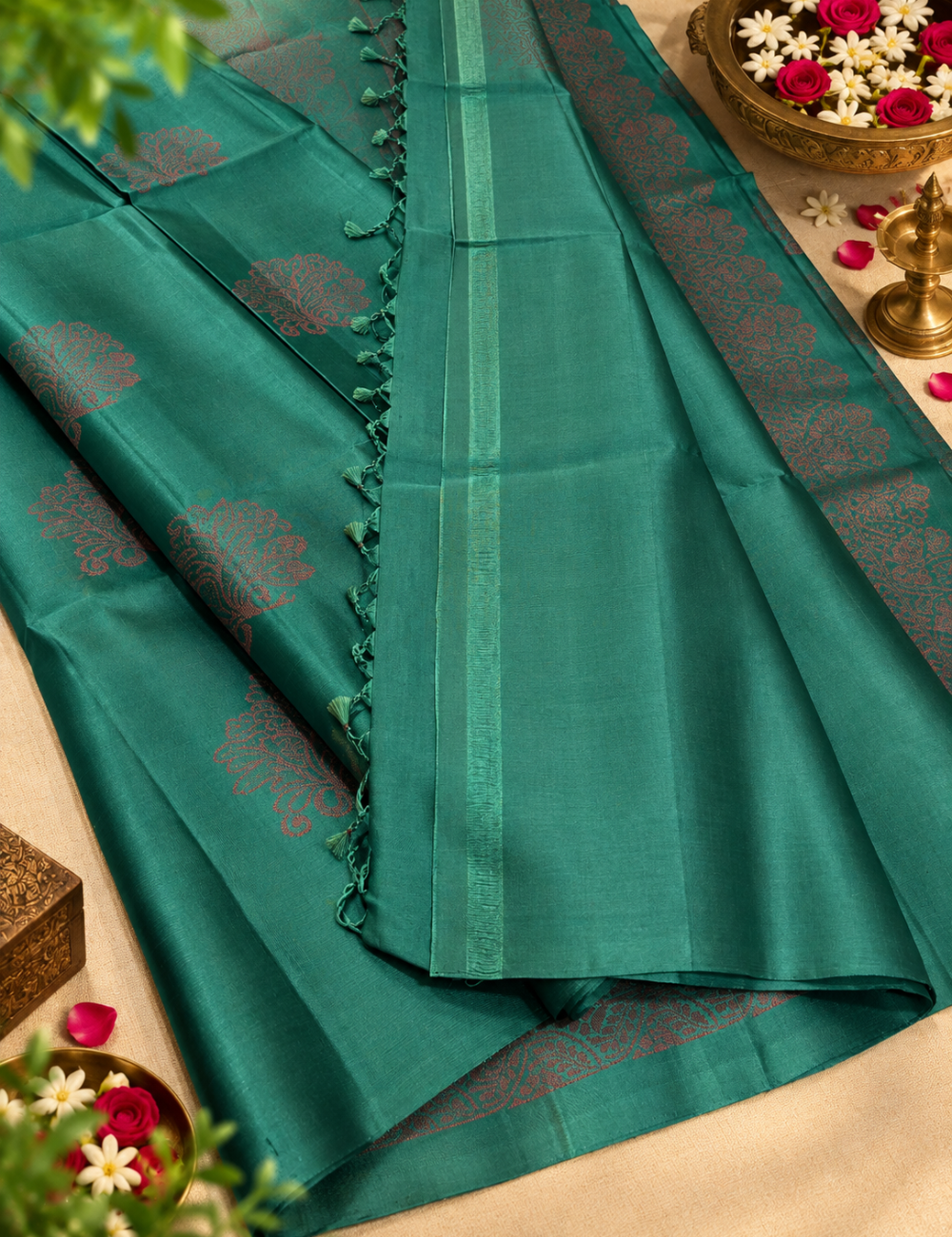 Deep Teal Green Borderless Neam Jari Pure Softsilk Saree