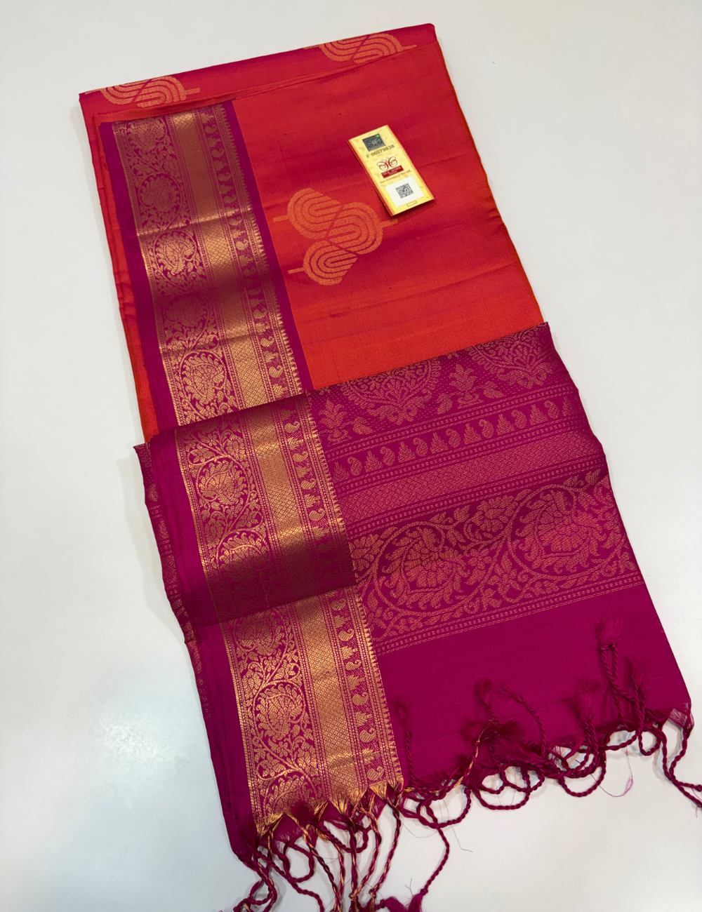 Dual Tone Vermilion Orange & Rani Pink Kanchi Border Handloom Pure Softsilk Saree