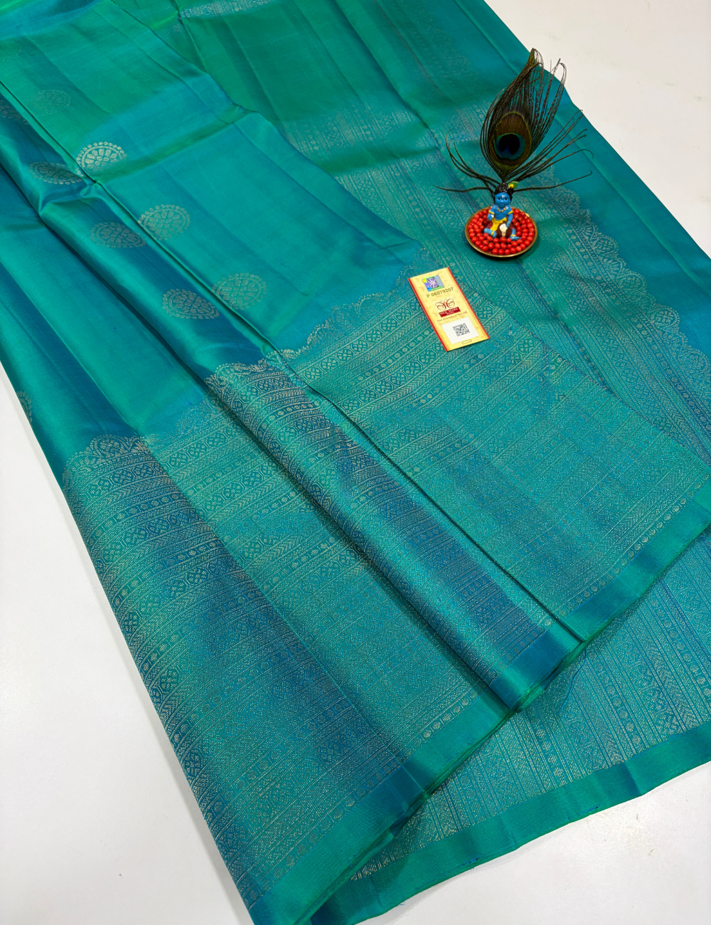Handloom Pure Soft Silk Saree in Aqua Teal with Self Colour Turning Border | Double Warp | Fancy Zari Buttas | Silk Mark Certified