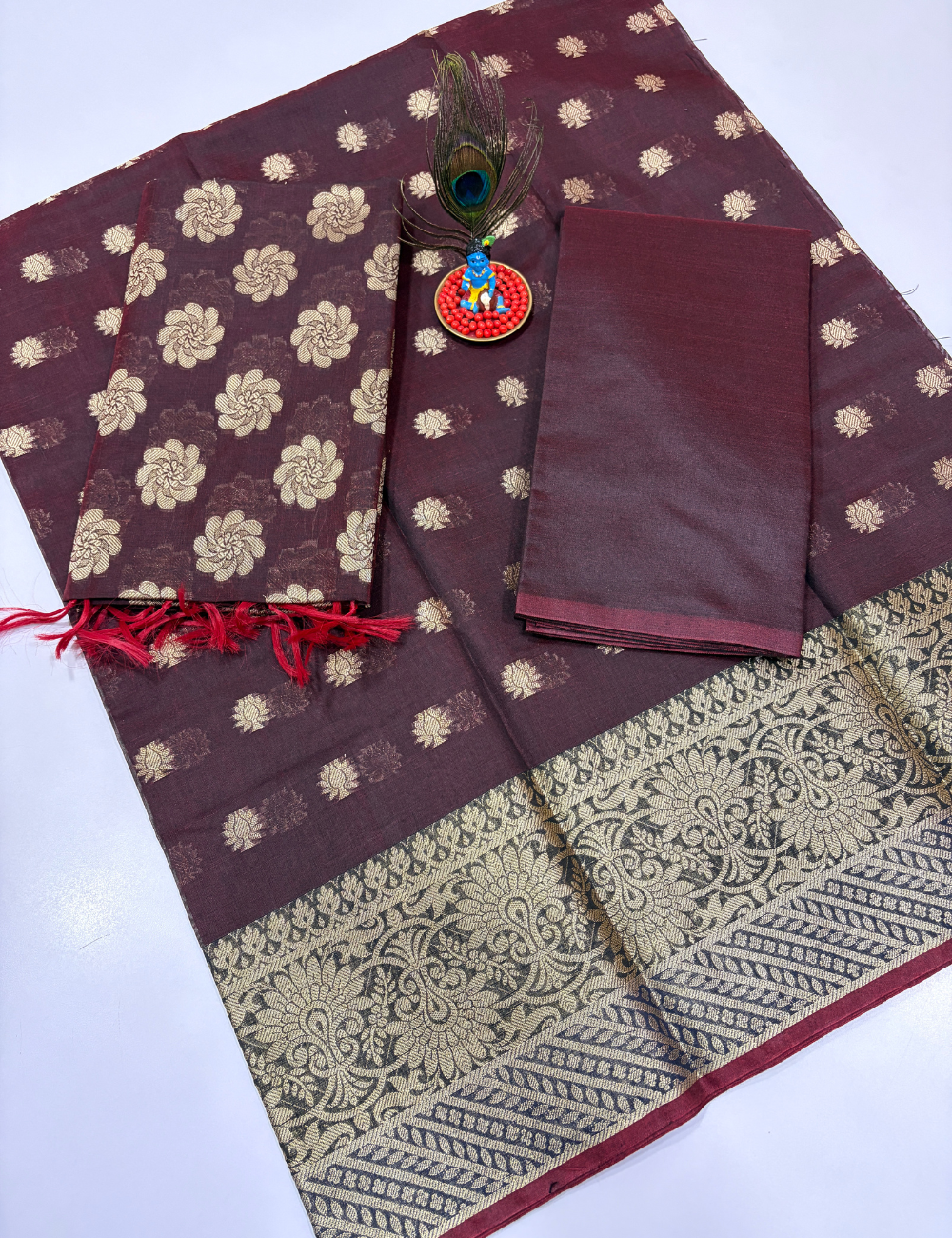 Coffee Brown Handloom Silk Cotton 3 Pc Salwar Set with Self Weave Floral Jacquard | Monotone Elegant Dress Material
