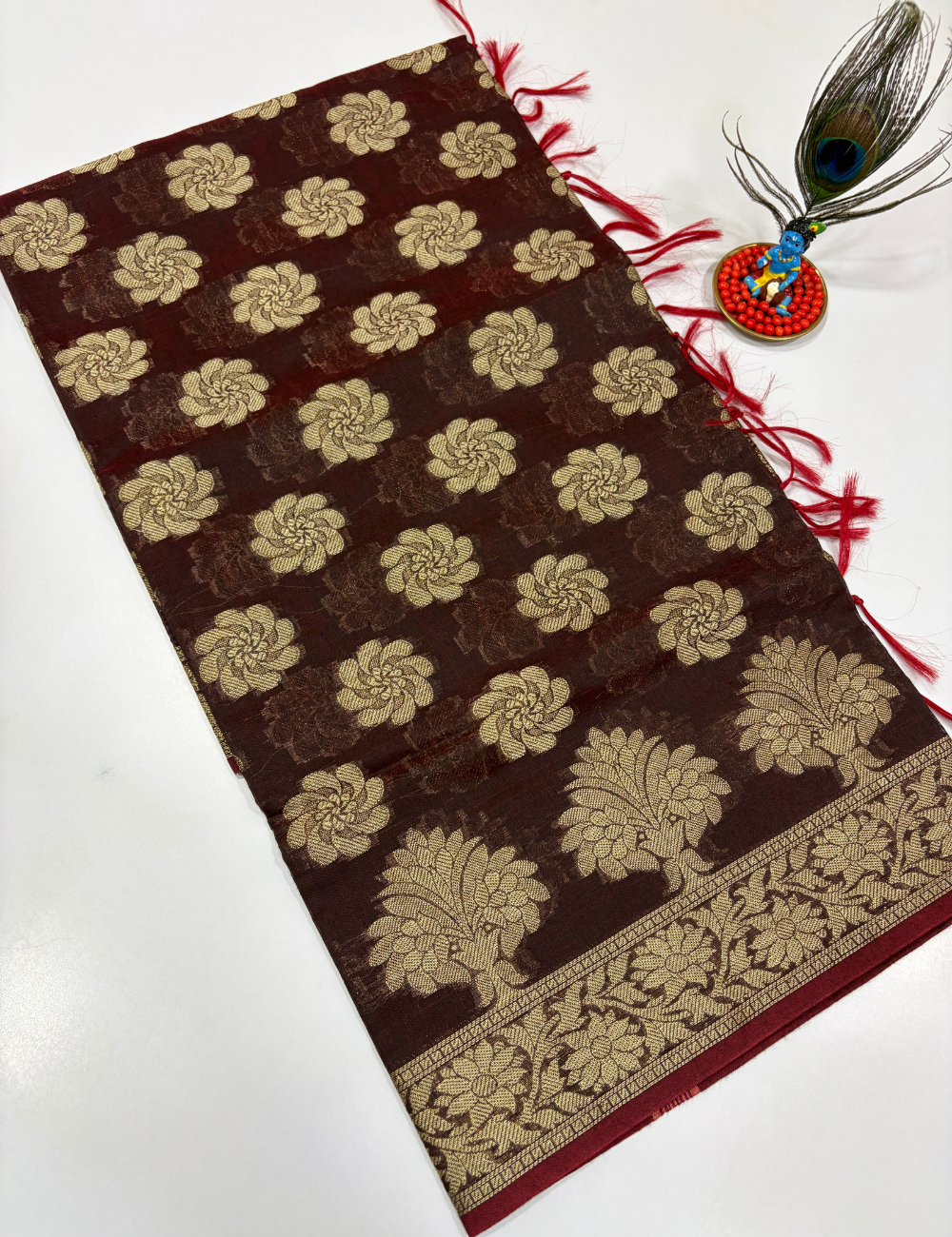 Coffee Brown Handloom Silk Cotton 3 Pc Salwar Set with Self Weave Floral Jacquard | Monotone Elegant Dress Material