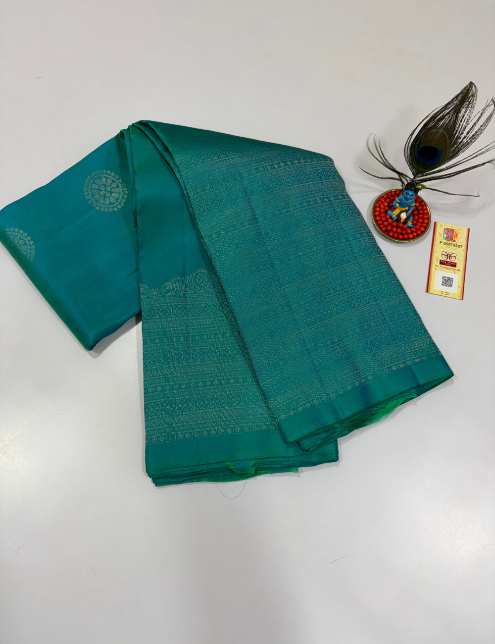 Handloom Pure Soft Silk Saree in Aqua Teal with Self Colour Turning Border | Double Warp | Fancy Zari Buttas | Silk Mark Certified