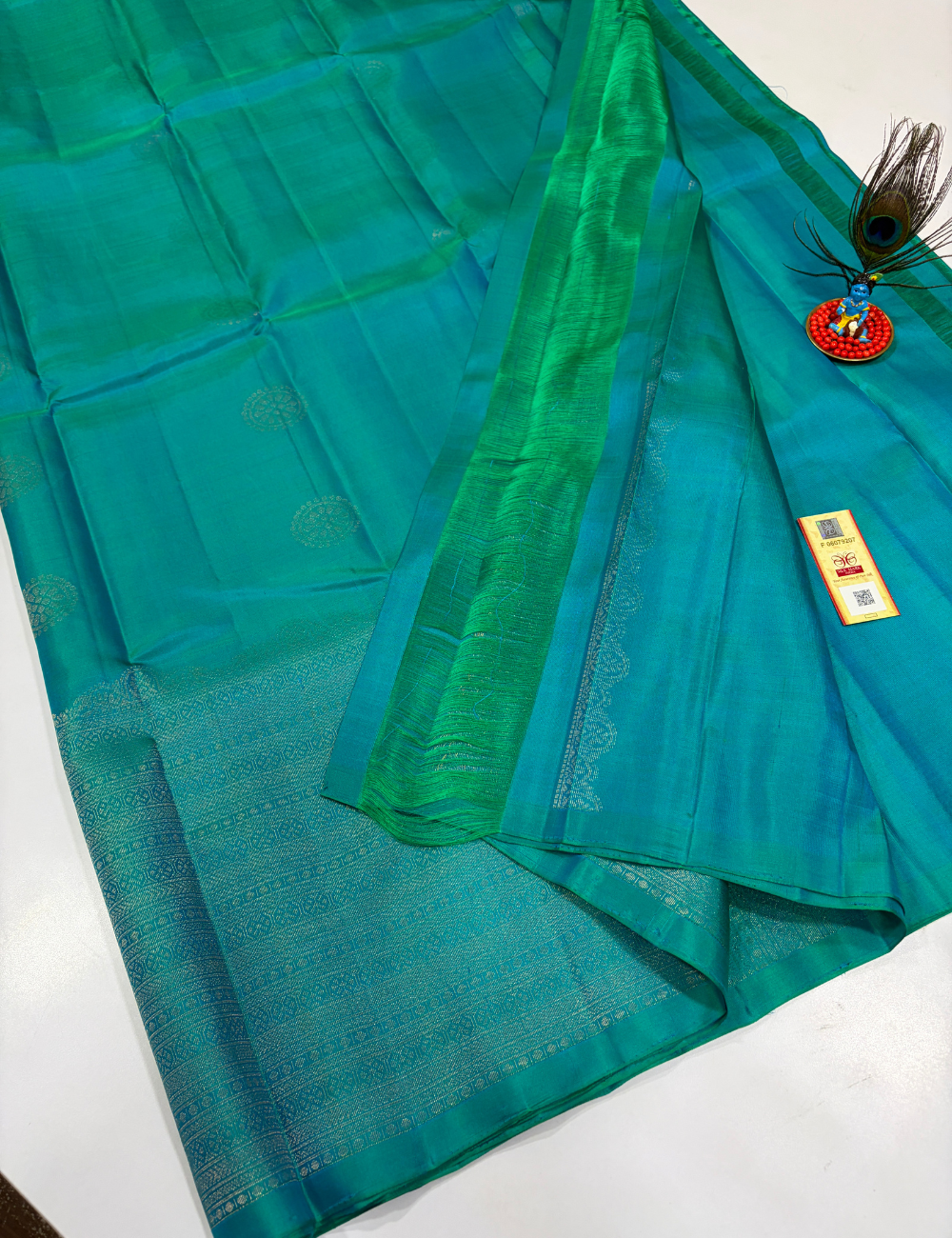 Handloom Pure Soft Silk Saree in Aqua Teal with Self Colour Turning Border | Double Warp | Fancy Zari Buttas | Silk Mark Certified
