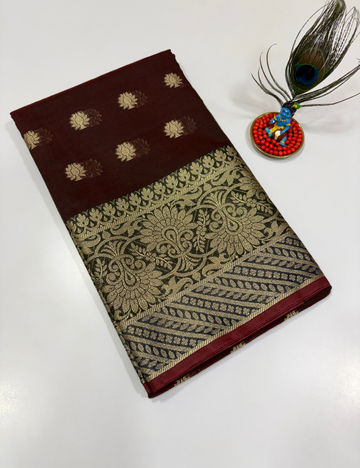 Coffee Brown Handloom Silk Cotton 3 Pc Salwar Set with Self Weave Floral Jacquard | Monotone Elegant Dress Material