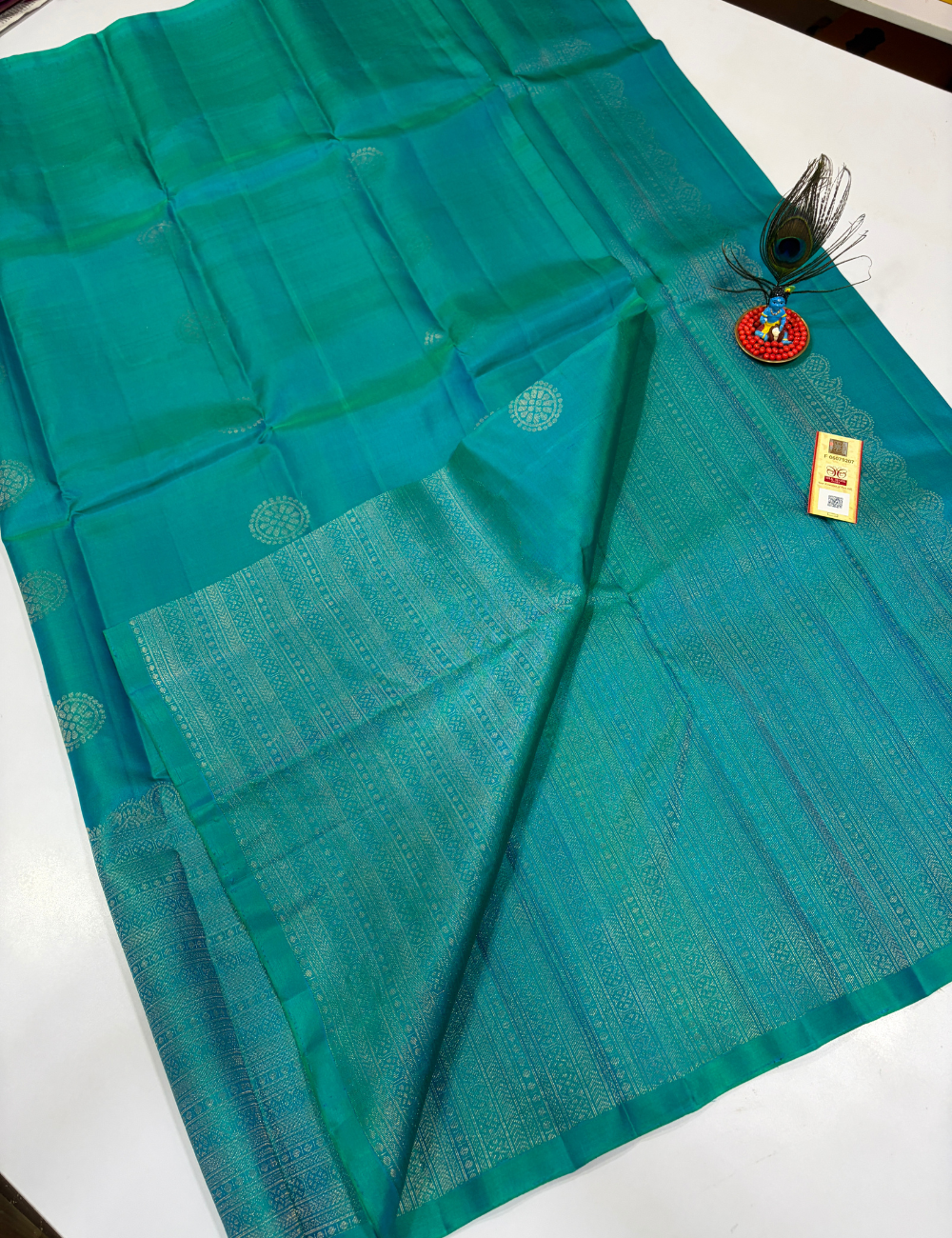Handloom Pure Soft Silk Saree in Aqua Teal with Self Colour Turning Border | Double Warp | Fancy Zari Buttas | Silk Mark Certified