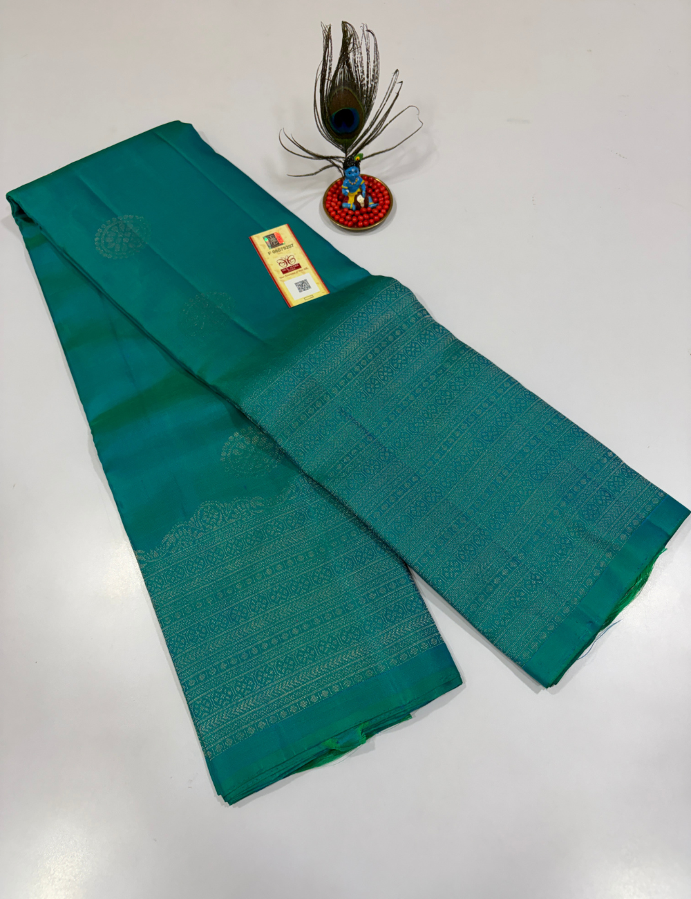 Handloom Pure Soft Silk Saree in Aqua Teal with Self Colour Turning Border | Double Warp | Fancy Zari Buttas | Silk Mark Certified