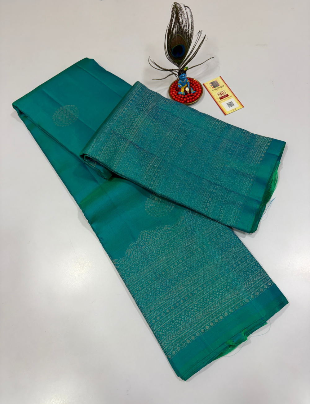 Handloom Pure Soft Silk Saree in Aqua Teal with Self Colour Turning Border | Double Warp | Fancy Zari Buttas | Silk Mark Certified