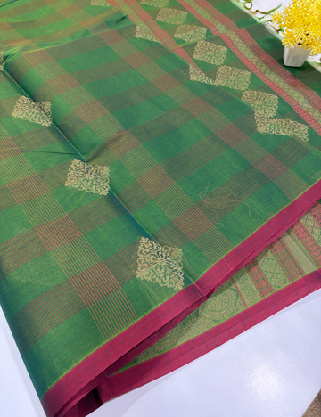 Negamam Pure Cotton Fancy Checked Saree – Monotone Green