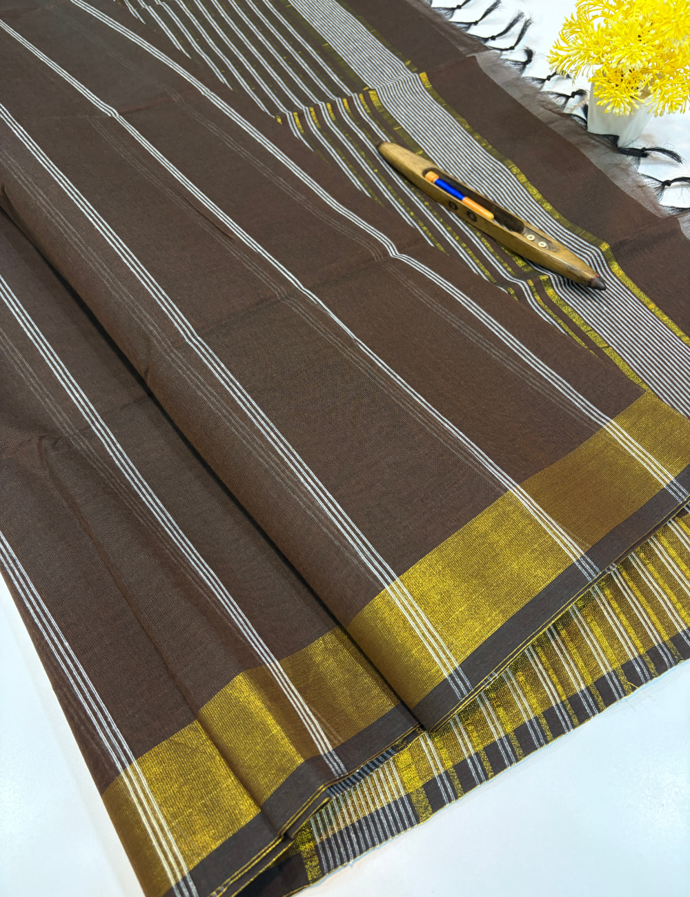Negamam Pure Cotton Saree in Dark Coffee Brown with White Stripes Design & Golden Zari Border | Striped Pallu & Self Blouse
