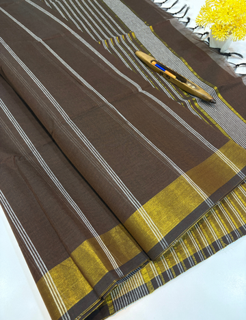 Negamam Pure Cotton Saree in Dark Coffee Brown with White Stripes Design & Golden Zari Border | Striped Pallu & Self Blouse