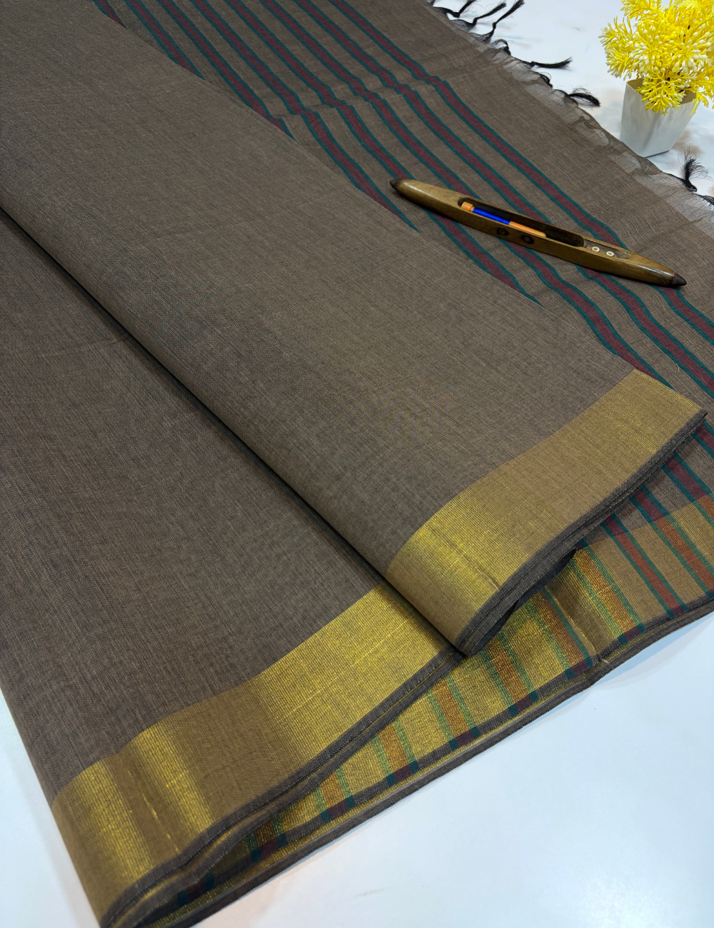 Choco Brown Negamam Pure Cotton Saree – Plain Body with Self Colour Pallu & Blouse | Golden Jari Tissue Border