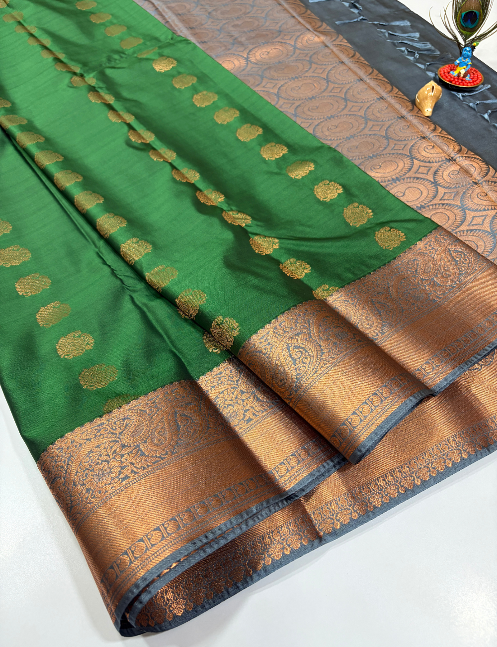 Emerald Green Semi Soft Silk Saree with Teal Grey Premium Kanchi Border